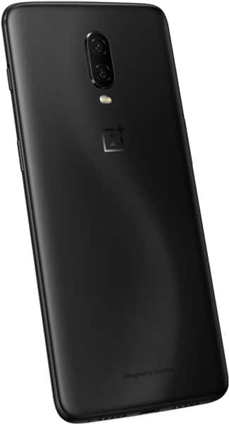 OnePlus 6T rear view, black finish, showing dual camera lens and fingerprint sensor