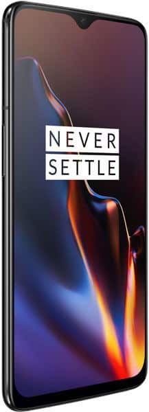 OnePlus 6T front view, black phone displaying "Never Settle" slogan on colorful gradient screen