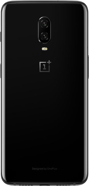 OnePlus 6T rear view, showing dual camera lens and OnePlus logo on black back panel