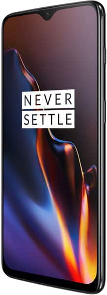 OnePlus 6T phone displayed front-facing with screen showing "Never Settle" slogan and colorful gradient wallpaper