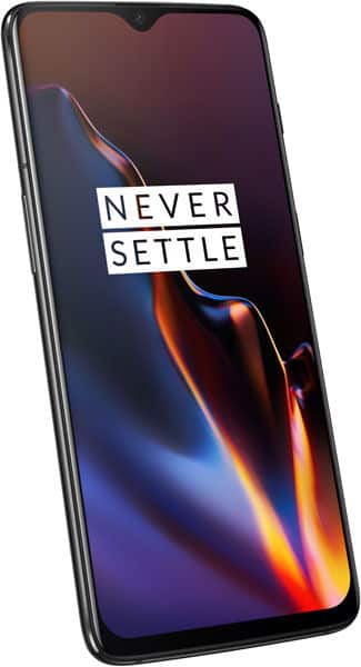 OnePlus 6T front view with "Never Settle" text on screen displaying colorful gradient wallpaper