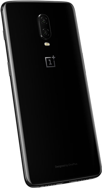 OnePlus 6T rear view, showing dual camera and OnePlus logo on black glass back