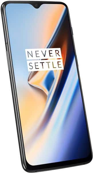 OnePlus 6T front view with "Never Settle" text on display screen, angled perspective showing black frame and notched screen