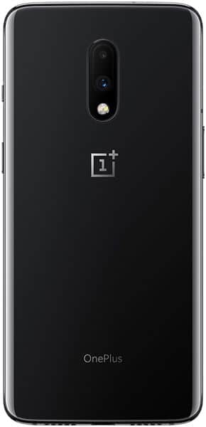 OnePlus 7 rear view, black with dual camera and OnePlus logo visible