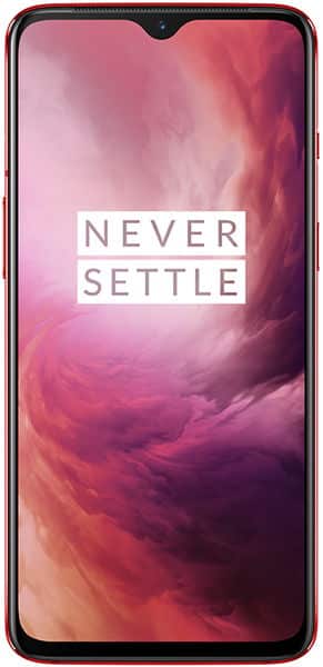 OnePlus 7 front view, displaying a pink gradient wallpaper with "Never Settle" text on screen