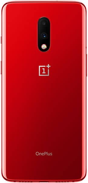 OnePlus 7 rear view, red finish with dual camera and OnePlus logo