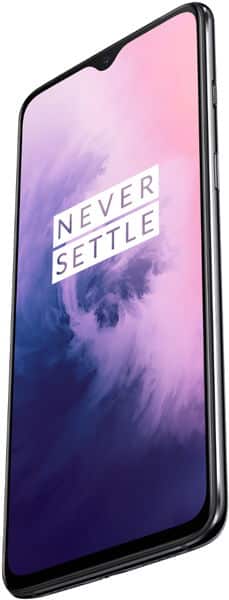 OnePlus 7 front view, displaying screen with "Never Settle" text on gradient pink and blue background