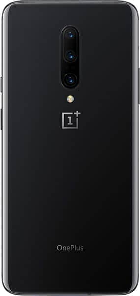 OnePlus 7 Pro rear view, showing black glass back with triple camera array and OnePlus logo