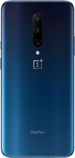 OnePlus 7 Pro rear view, showing dual camera setup and OnePlus logo on blue gradient back