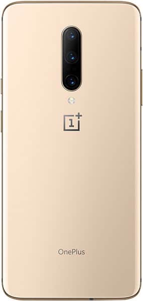 OnePlus 7 Pro rear view, showing triple camera setup and OnePlus logo on cream-colored back