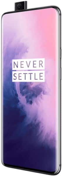 OnePlus 7 Pro front view with pop-up camera, displaying gradient wallpaper and "Never Settle" text on screen