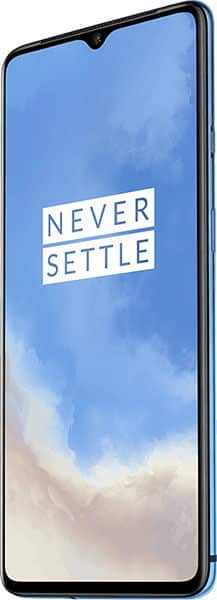 Front view of OnePlus 7T showing blue gradient screen, "NEVER SETTLE" text, thin bezels, and top center camera notch.