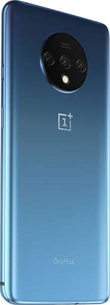 Rear view of blue OnePlus 7T showing circular triple-lens camera module and flash above the OnePlus logo.