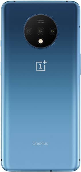 Rear view of blue OnePlus 7T with circular triple camera, flash, OnePlus logo below the camera, and "OnePlus" at the bottom.