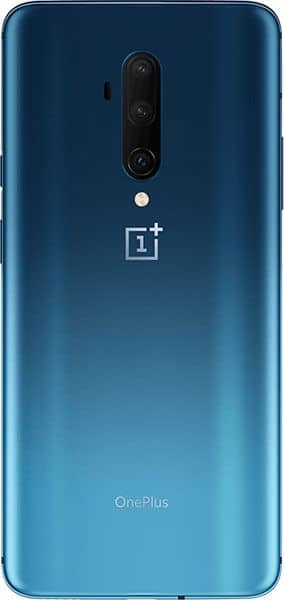 OnePlus 7T Pro rear view, halo blue finish with triple camera setup and OnePlus logo visible