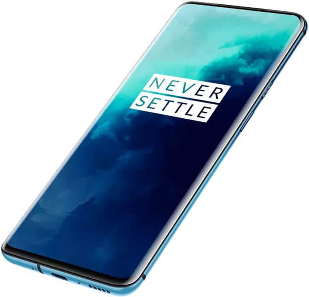 OnePlus 7T Pro front view with "Never Settle" slogan on turquoise and blue gradient display screen