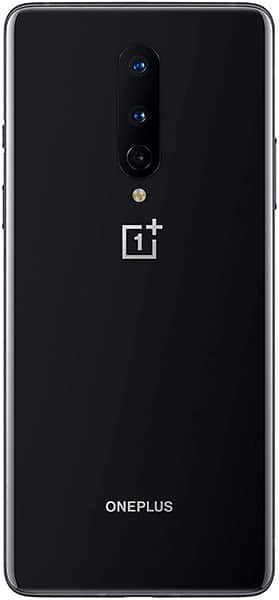 OnePlus 8 rear view, black with triple camera system and OnePlus logo visible