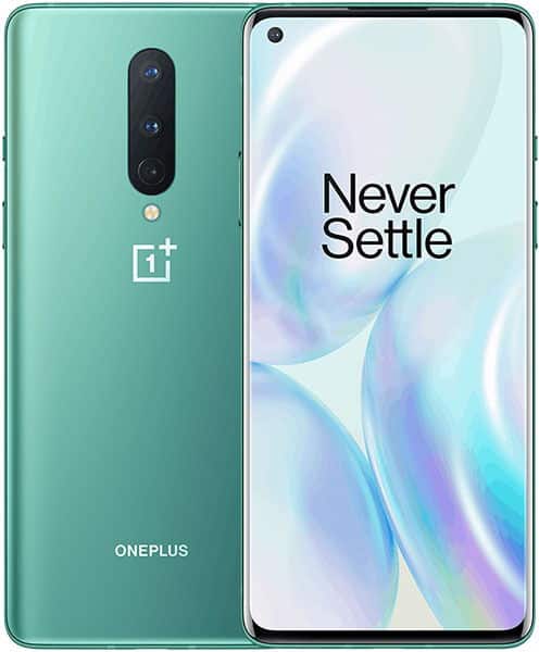 OnePlus 8 front and rear view showing green back with triple camera and "Never Settle" displayed on screen