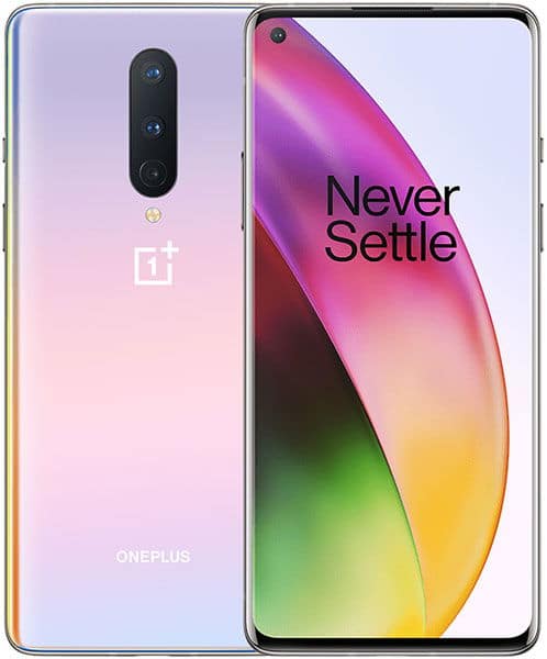 OnePlus 8 front and rear view showing gradient pink-to-yellow back, triple rear camera, and display with "Never Settle" slogan