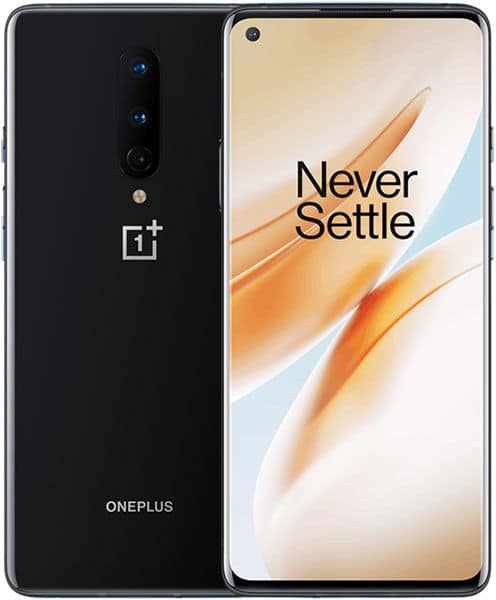 OnePlus 8 front and rear view, black finish with triple camera, displaying "Never Settle" on screen