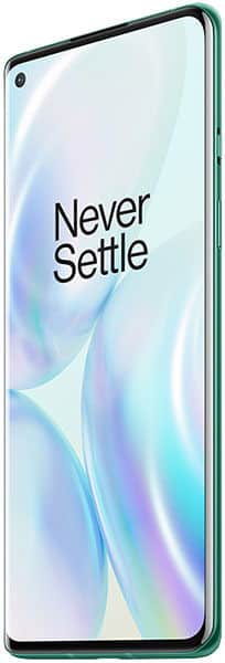 OnePlus 8 front view, screen on displaying "Never Settle" with gradient wallpaper and centered punch-hole camera