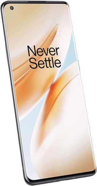 OnePlus 8 Pro front view showing display with "Never Settle" text and orange abstract design wallpaper