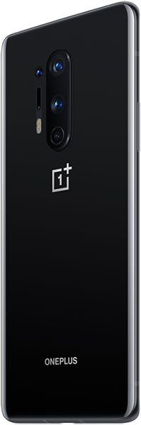 OnePlus 8 Pro rear view, black back with triple camera setup and OnePlus logo