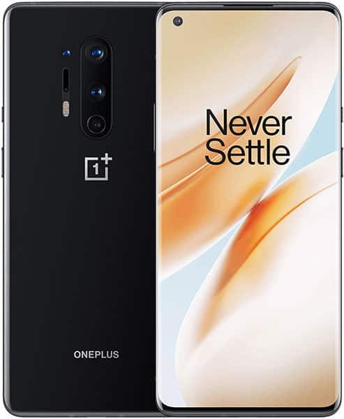 OnePlus 8 Pro front and rear view, showing black back with camera array and "Never Settle" display screen