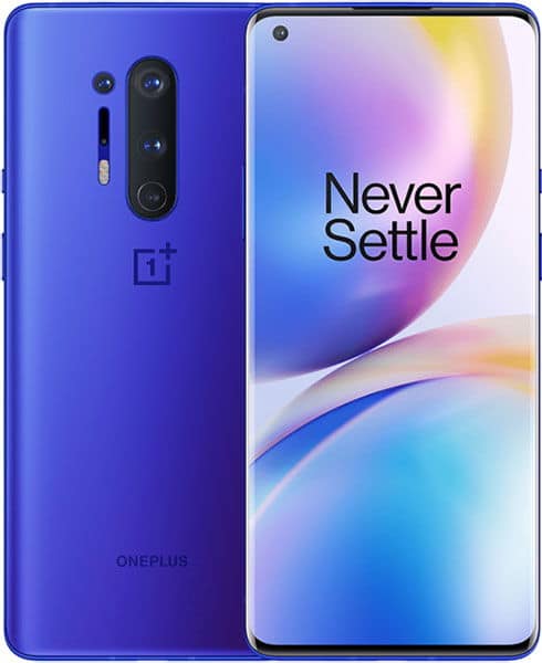 OnePlus 8 Pro front and rear view, showing blue back with triple camera setup and front display with "Never Settle" text and colorful gradient wallpaper