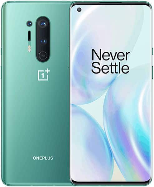 OnePlus 8 Pro front and rear view, showing teal back with camera module and "Never Settle" display
