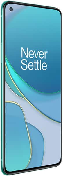 OnePlus 8T front view, teal green, showing "Never Settle" on blue and white curved wallpaper design with punch-hole camera
