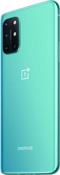 OnePlus 8T rear view in mint green, showing camera array and logo