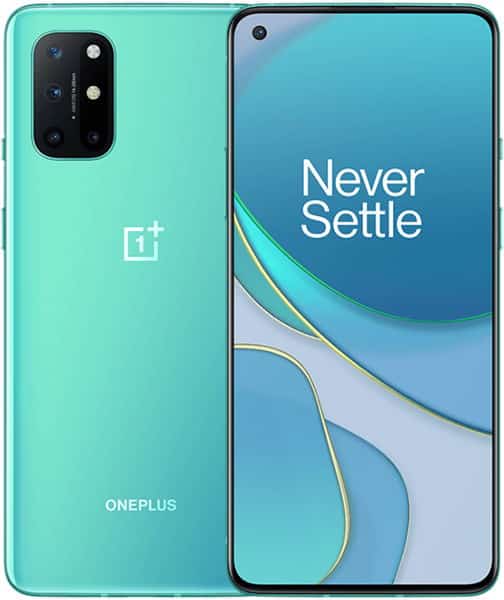 OnePlus 8T front and rear view, mint green back with camera array, blue display showing "Never Settle" slogan