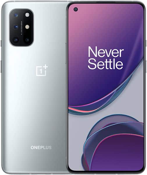OnePlus 8T front and back view, silver finish with dual camera system and "Never Settle" display