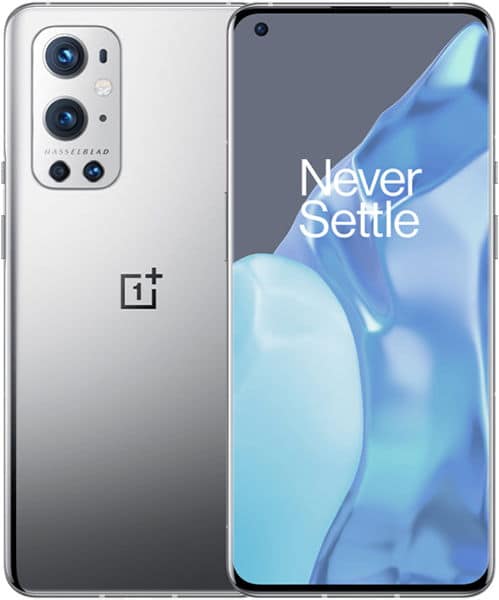 Silver OnePlus 9 Pro shown front and back; front displays “Never Settle,” rear shows triple cameras, Hasselblad, OnePlus logo.