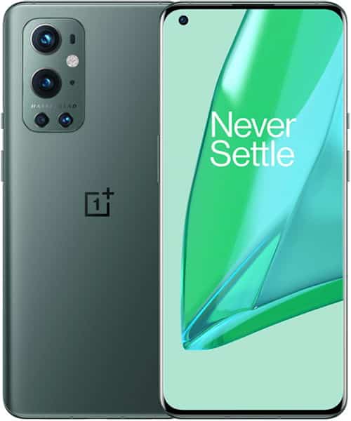 Front and rear view of green OnePlus 9 Pro; triple rear cameras, "Never Settle" visible on front display.