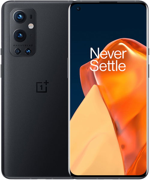 OnePlus 9 Pro in black shown front and rear; rear has triple cameras and Hasselblad logo, front displays "Never Settle.