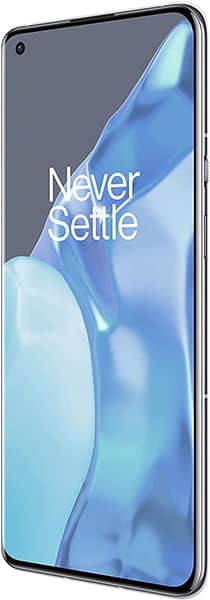 Front view of OnePlus 9 Pro with curved screen, "Never Settle" text, top left front camera, and slim silver edge visible.