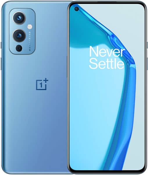OnePlus 9 smartphone shown front and rear view, blue finish, dual rear cameras, "Never Settle" on screen