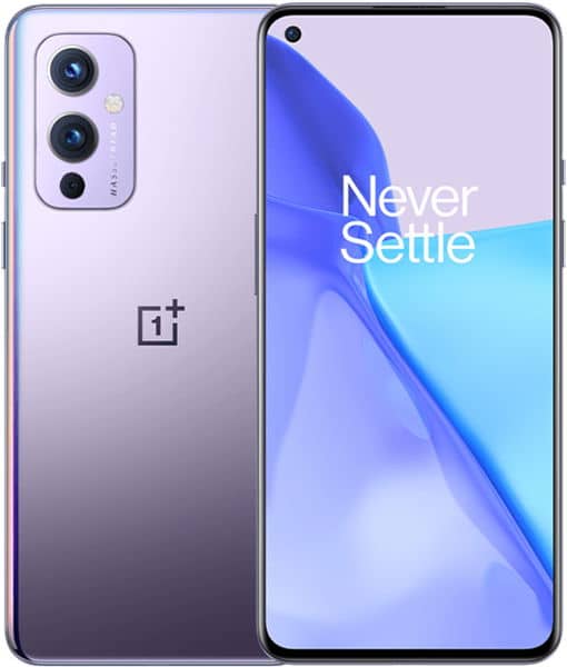 OnePlus 9 front and rear view, showing dual rear cameras on purple gradient back and screen-on display with "Never Settle" slogan