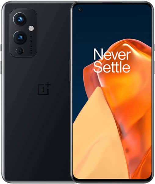 OnePlus 9 front and rear view, black phone displaying "Never Settle" slogan with orange gradient wallpaper