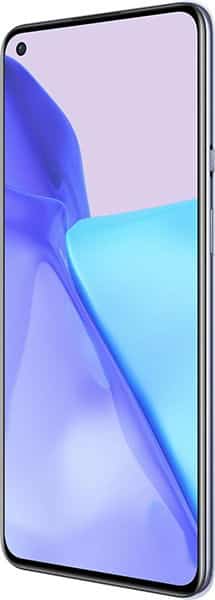 OnePlus 9 front view with screen displaying blue and cyan abstract wallpaper