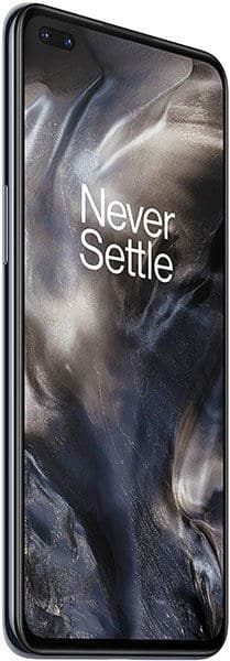 Front view of a black OnePlus Nord with rounded edges, top left front camera, and “Never Settle” on textured display.
