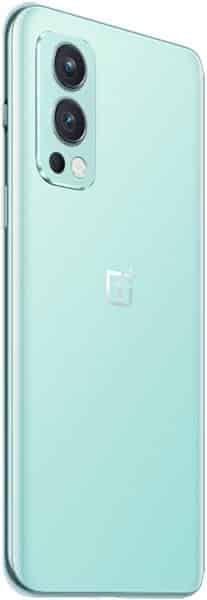Rear view of light blue OnePlus Nord 2 shows dual rear cameras, flash, and centered OnePlus logo.