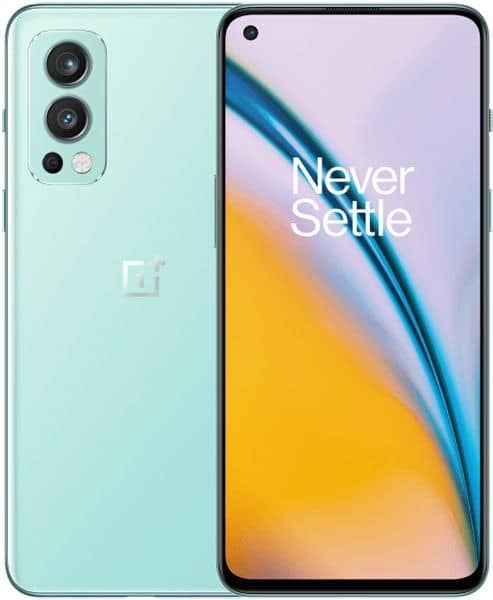 OnePlus Nord 2 in light green shown rear and front; triple rear cameras, logo, front screen with "Never Settle.