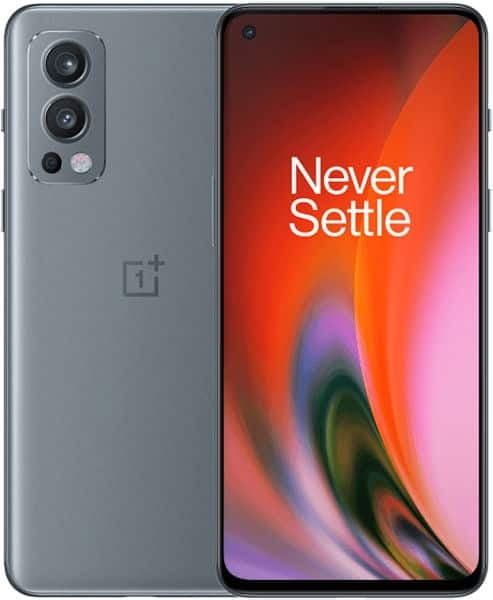 OnePlus Nord 2 in gray, rear view shows triple cameras and logo; front view displays "Never Settle" on a colorful screen.