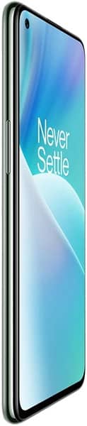OnePlus Nord 2T smartphone displayed from the front at an angle, showing the display with "Never Settle" text and a gradient blue wallpaper