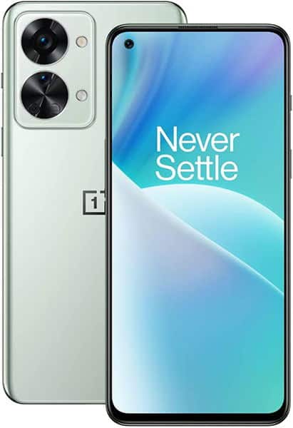 OnePlus Nord 2T front and rear view, white finish, showing dual circular camera lenses and "Never Settle" display screen