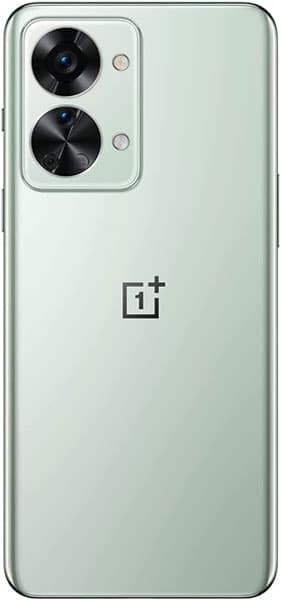 OnePlus Nord 2T rear view, light green with dual camera setup and OnePlus logo