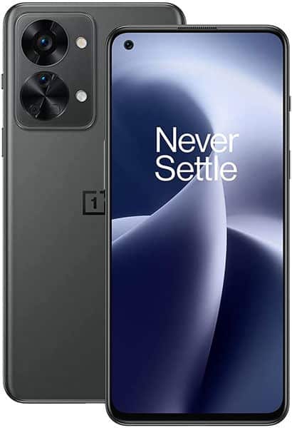 OnePlus Nord 2T front and rear view, gray finish, dual rear camera system, screen displaying "Never Settle" motto